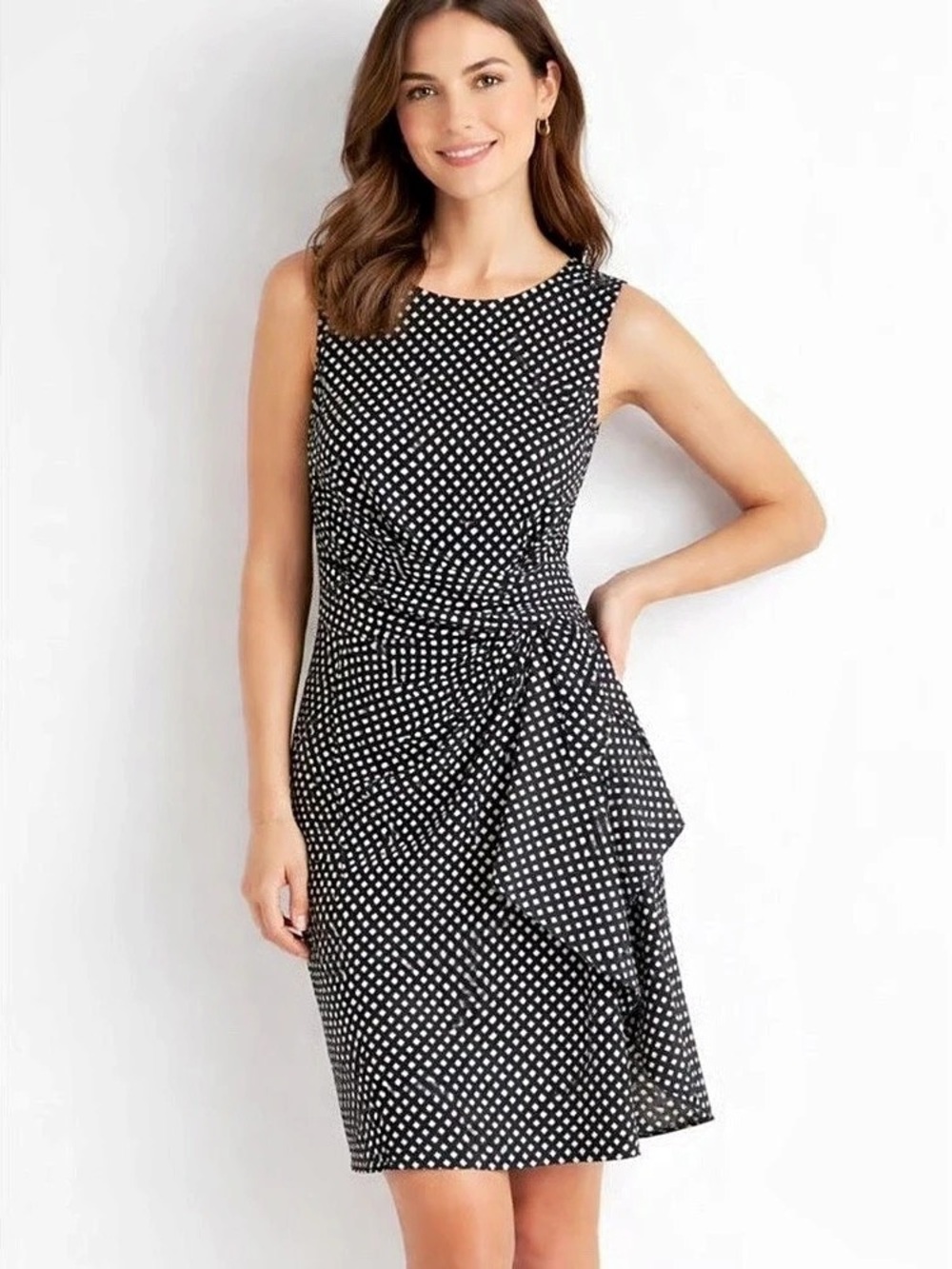 Lauren Ralph Lauren Black & White Geometric Gingham Print Ruched Sheath Dress 14